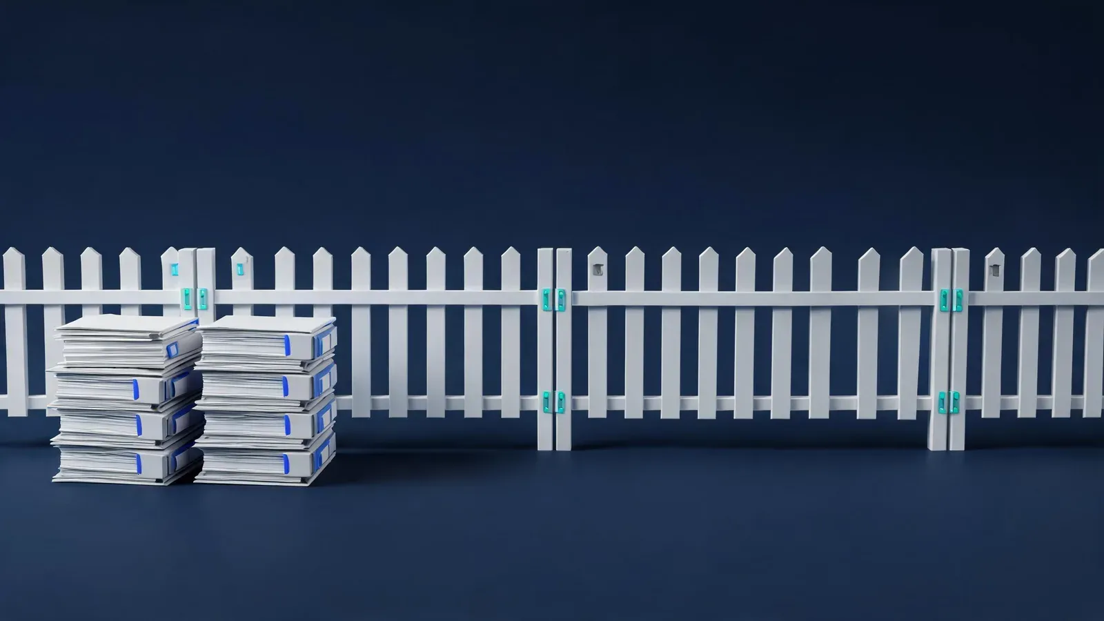 立體渲染：一道柵欄把地面分成兩側，一側疊放著文件夾，另一側空無一物