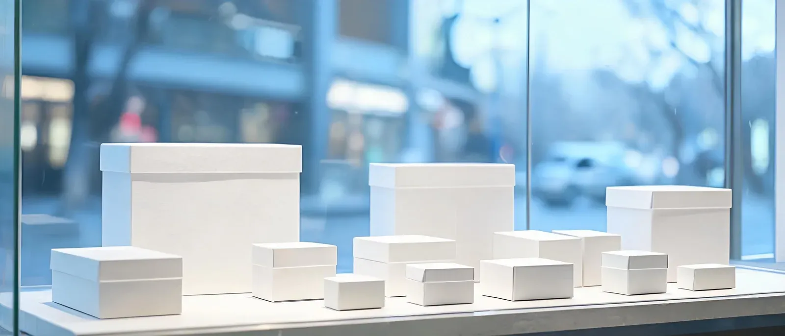 商店橱窗里陈列的多个空白包装盒,规格各异