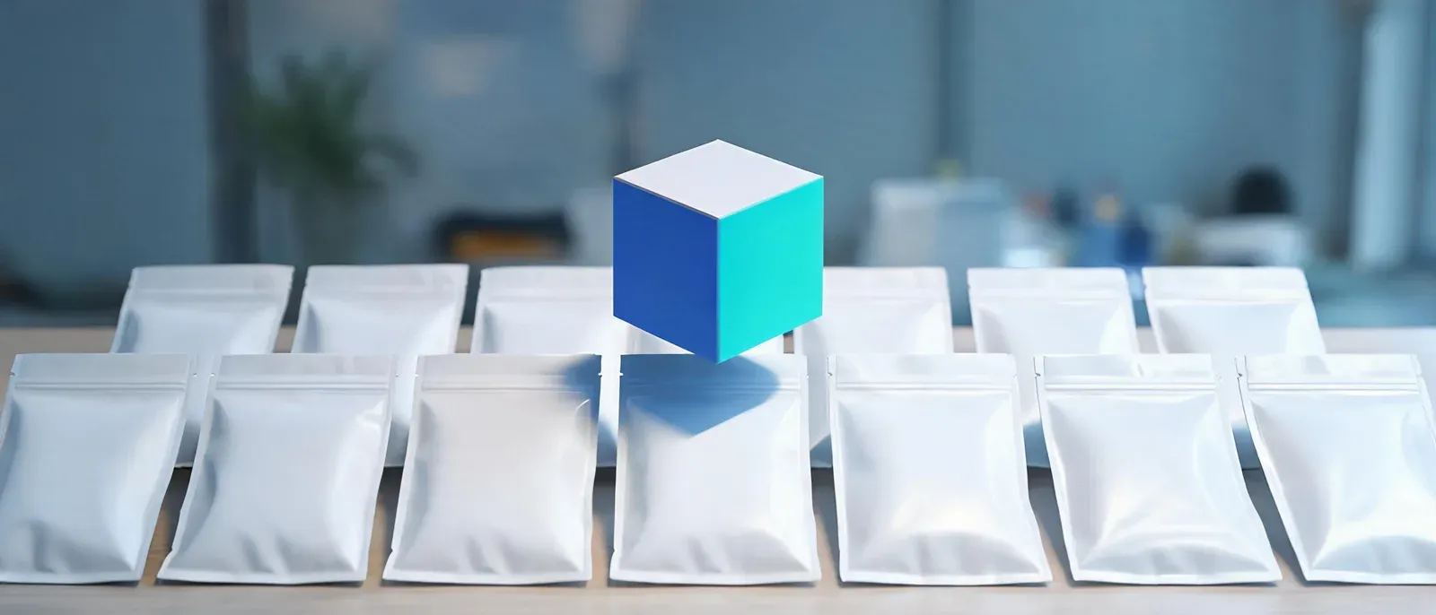 空白样品袋整齐排列的照片，上方悬浮着一个立体方块