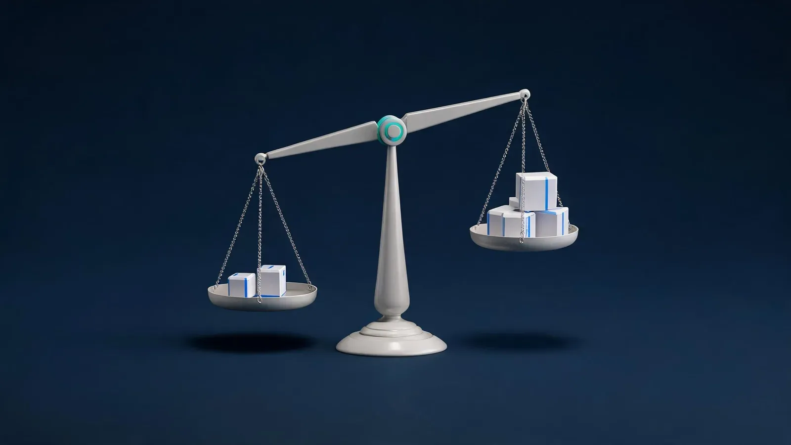 立體渲染：一台天秤，兩端托盤上的方塊砝碼大小不同因而傾斜