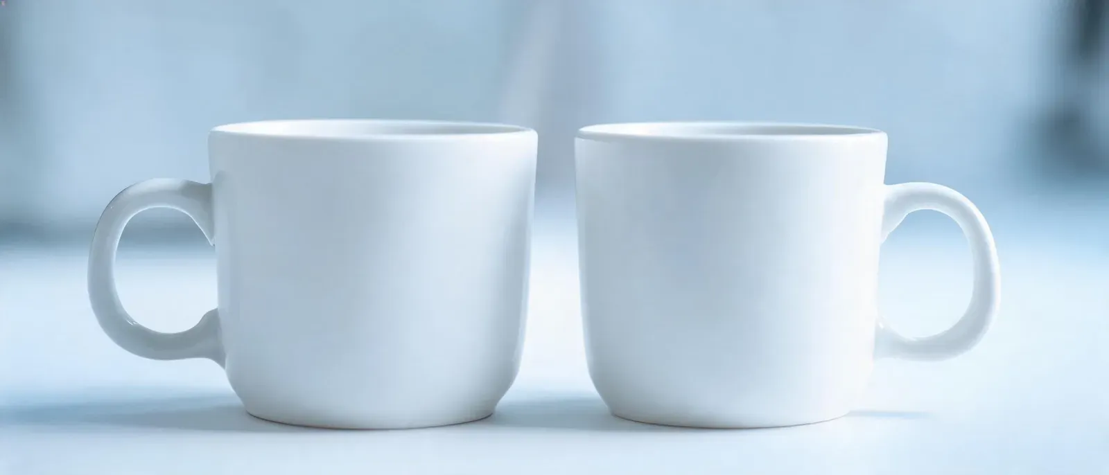 兩個完全相同的白色杯子並排擺放的特寫