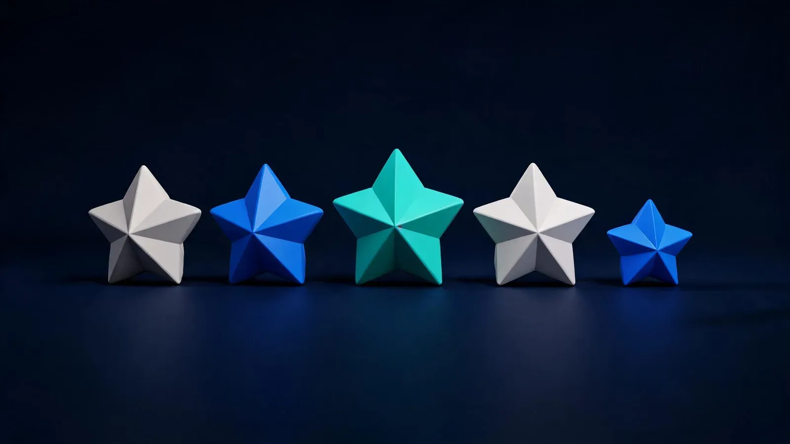 立体渲染:五个高度不同的星形几何体排成一行,最右一个明显偏低