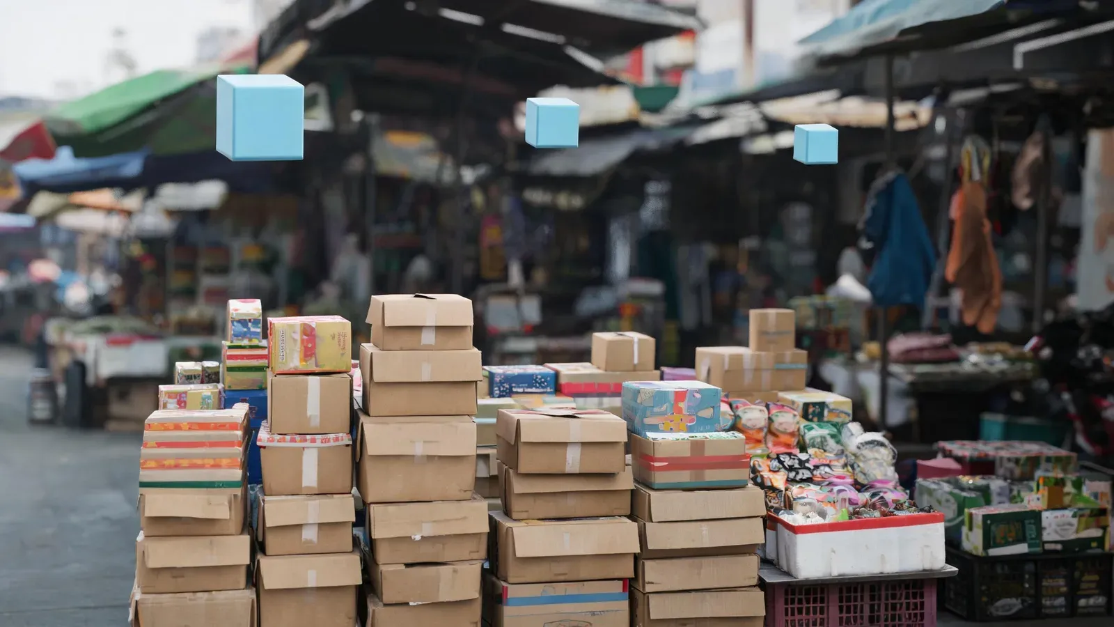 東南亞街市攤位堆疊商品的照片，上方懸浮著三個大小不同的立體方塊