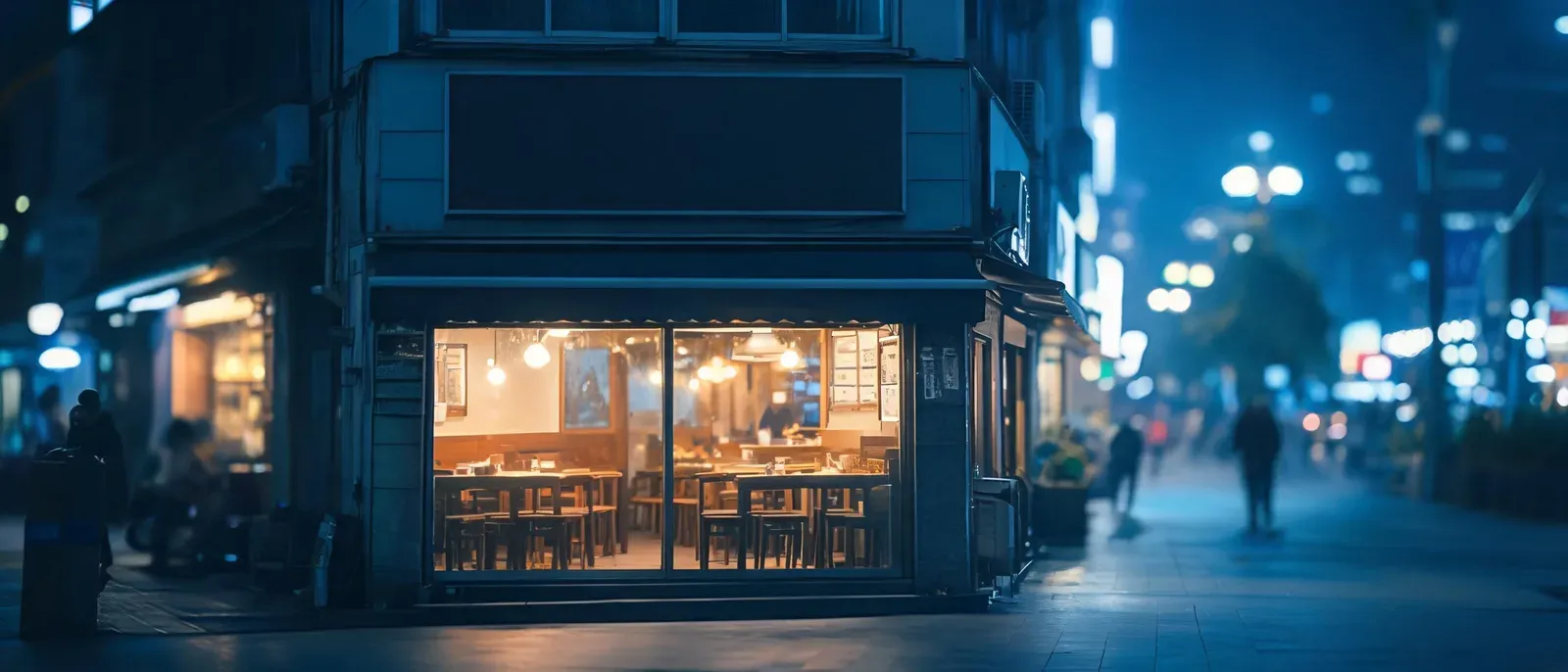 夜晚街邊小餐館的窗景，招牌空白
